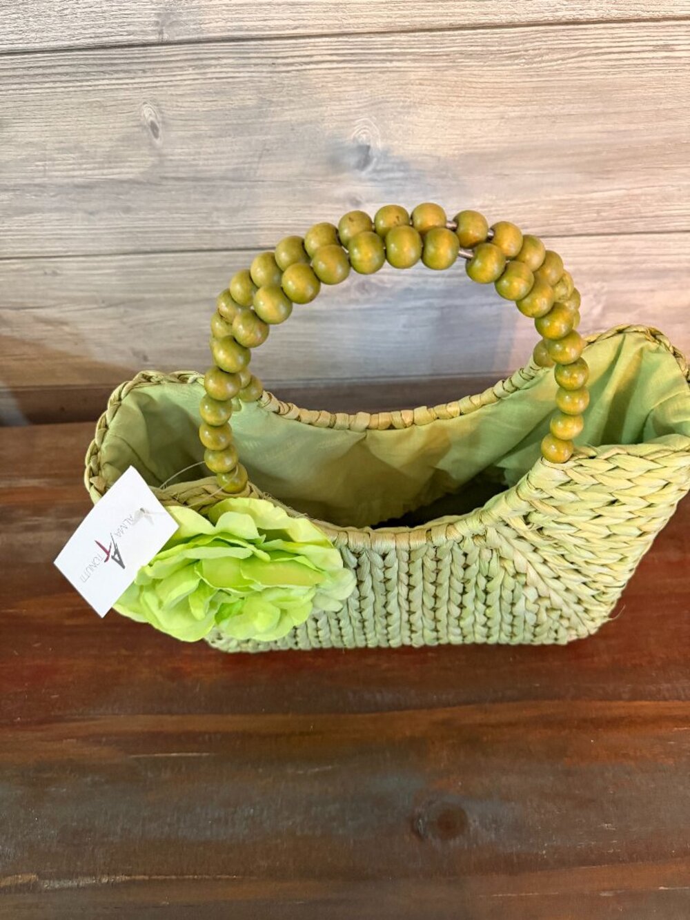 Alma Tonutti Handwoven Straw Bag Green Floral Beaded Handle Spring Easter Boho - Picture 3 of 8